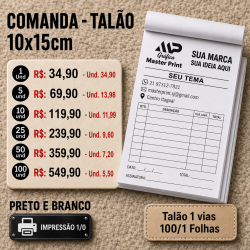 Comanda Talão/Bloco | 10x15cm | 1 Via | 100x1 - Preto e Branco