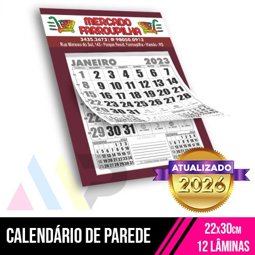 Calendário de Parede | 22x30cm | 12 Lâminas 1/0