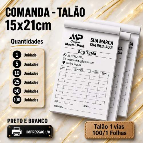Comanda Talão/Bloco | 15x21cm | 1 Via | 100x1 - Preto e Branco